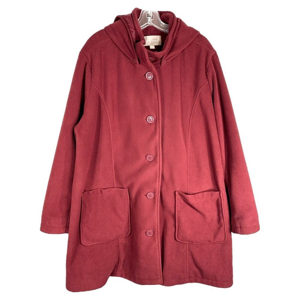 Woman Within 26W Coat Fleece Jacket Hooded Heavy Lined Red Maroon Buttons A - Picture 1 of 10